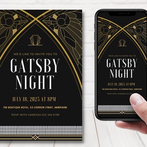 Printable Gatsby Invitation, Gold Black Art Deco Invite, Roaring 20s Party Invitation, Elegant Great Gatsby Invite, Editable Template