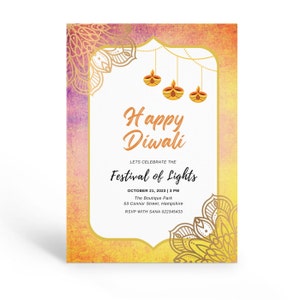 Printable Diwali Invitation, Orange Diwali Celebration Invite, Diwali Dinner Party Template, Happy Diwali Invitation, Editable Template.