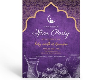 Invito stampabile per la festa dell'Iftar, invito per la celebrazione del Ramadan, modello per la cena dell'Iftar, invito stampabile per il Ramadan, modello modificabile.