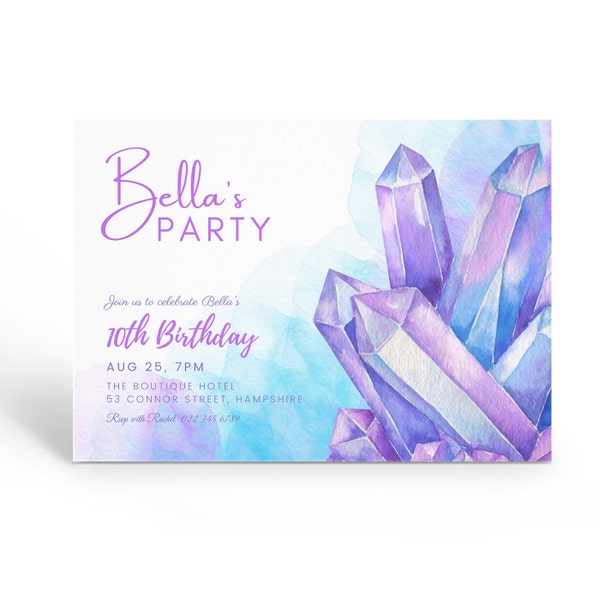 Printable Gemstone Birthday Invite, Crystal Invitations, Geode Invitation, Purple Crystal Invite, Geology Party Invite, Editable Template.