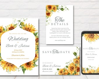 Sunflower wedding invitation Set, Printable Wedding Invitation Sets, Sunflower Wedding Invitation Printable, Editable Template.