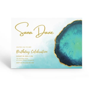Crystal Invitations, Gem Party Invite, Geode Birthday Invitation, Gemstone Birthday Invite, Blue & Gold Printable Invite, Editable Template.