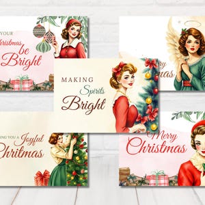 Tarjetas navideñas retro, tarjetas navideñas retro imprimibles, tarjetas navideñas de los años 50, tarjetas navideñas vintage, tarjetas navideñas de chica pin-up, PDF imprimible.