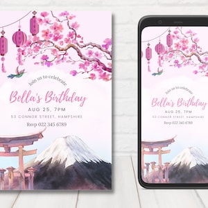 Set di inviti giapponesi stampabili, inviti con fiori di ciliegio, inviti per feste giapponesi, inviti di compleanno con fiori di ciliegio, modello modificabile.