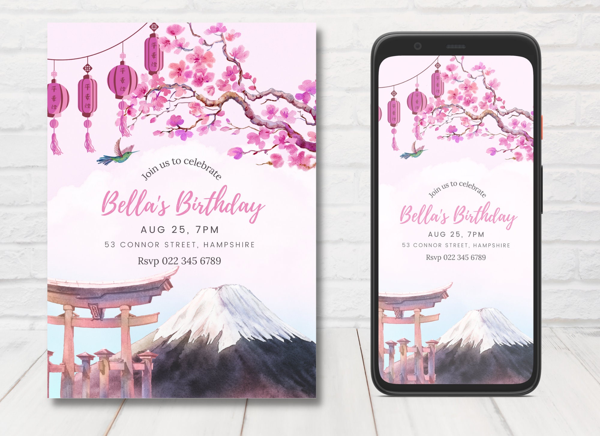 Printable Japanese Invitation Set, Cherry Blossom Invite, Japanese