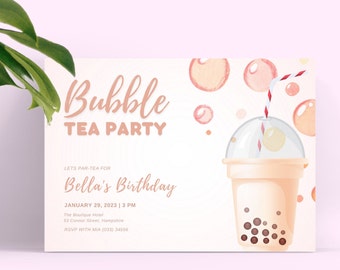 Bubble Tea Party Invitations, Printable Boba Birthday Invitation, bubble tea invitations, Boba Birthday Party Invite, Editable Template.