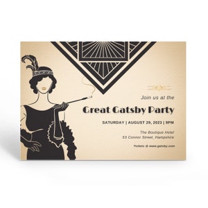Elegante Great Gatsby-uitnodiging, goudzwarte art-decouitnodiging, afdrukbare uitnodiging Roaring 20s, bewerkbare sjabloon.