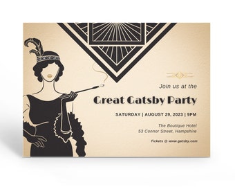 Elegant Great Gatsby Invitation,  Gold Black Art Deco Invite, Roaring 20s Printable Invitation,  Editable Template.