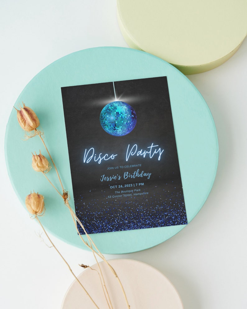 Blue Disco Invitation, Kids Disco Ball Birthday Invite, Printable Disco ...