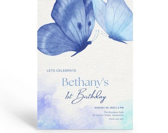 Blue Butterfly Birthday Party Invitation, Printable Butterfly Invite, 1st Birthday Party Invitation, Watercolor Butterfly Invitations.