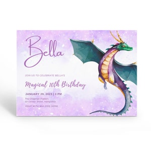 Lila Drache-Einladung, Mädchen-Drachen-Geburtstags-Party Einladung, Drache einladen, Drachen-Geburtstags-Einladung.