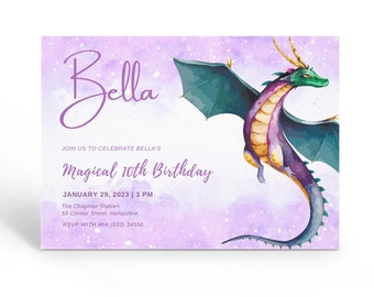 Printable Purple Dragon Invitation, Girl Dragon Birthday Party Invitation, Dragon Invite, dragon birthday invitation.