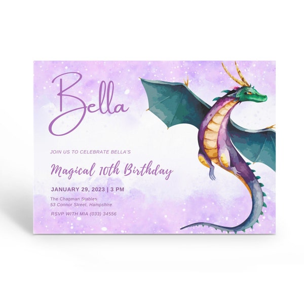 Printable Purple Dragon Invitation, Girl Dragon Birthday Party Invitation, Dragon Invite, dragon birthday invitation, Wings of Fire Invite.