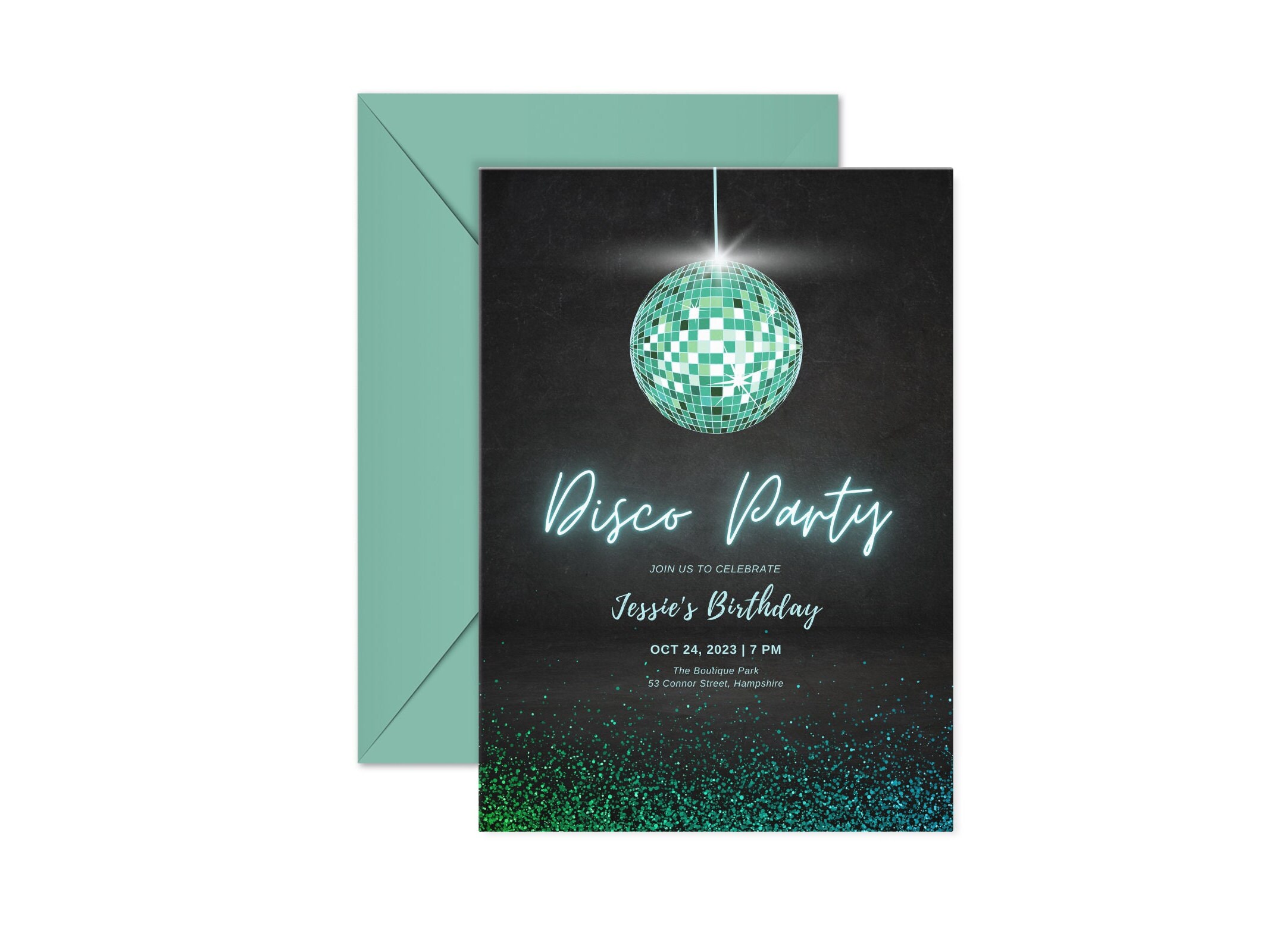 Green Disco Invitation, Kids Disco Ball Birthday Invite, Printable ...