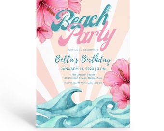 Retro Beach Party Invitation, Printable Beach Birthday Invite, Girls Birthday Party, Luau Beach Party Invite, Pink Beach Birthday Invite.