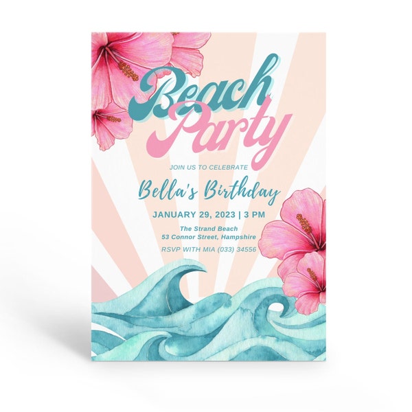 Invitation de fête de plage rétro, invitation d'anniversaire de plage imprimable, fête d'anniversaire de filles, invitation de fête de plage de Luau, invitation d'anniversaire de plage rose.