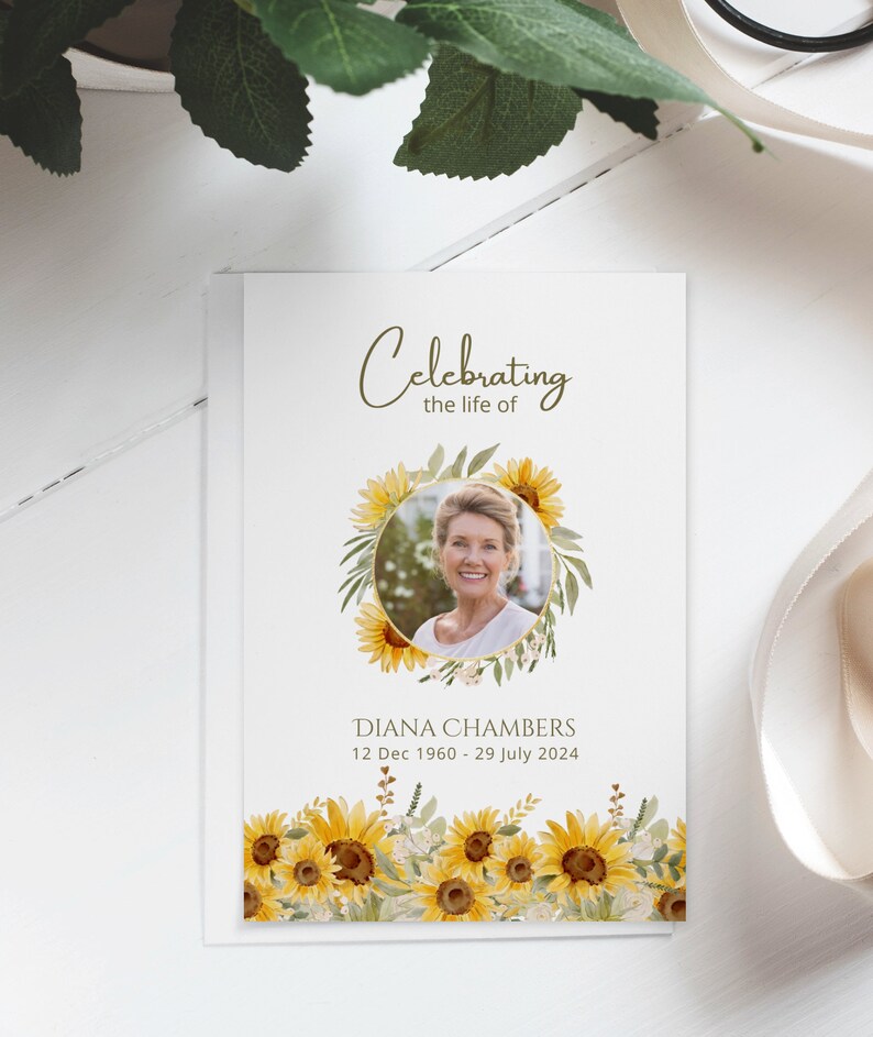 Editable Sunflower Funeral Program, Celebration of Life Order of