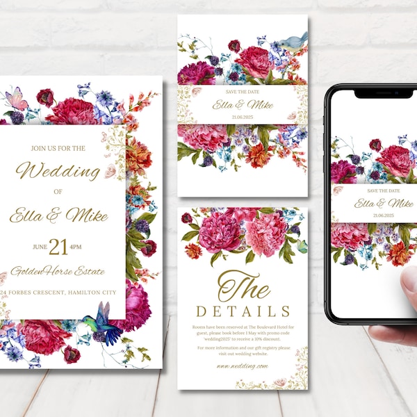 Garden Wedding Invitation Set, Spring Wedding Invitations, Boho Floral Wedding Invitation, Jewel Tones Wedding Invitation Template