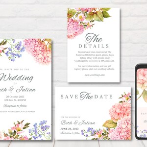 May include: Wedding invitation suite with floral designs. The invitation features a pink and white floral border with the text "We invite you to the Wedding of Beth & Julian" and the date "20 October 2025". The save the date card features a pink and white floral border with the text "Save The Date" and the date "June 29, 2023". The details card features a pink and white floral border with the text "The Details" and information about the wedding.