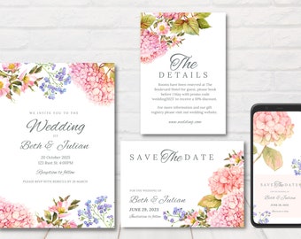 Pink Hydrangea Wedding Invitation Set, Printable Wedding Invitation Sets, Floral Wedding Invitation Printable, Hydrangea Wedding Invite.