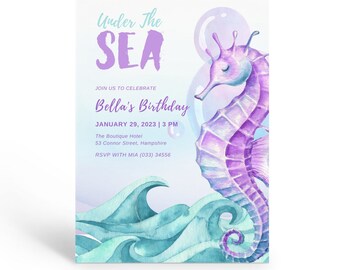 Printable Seahorse Invitation, Ocean Birthday Invite, Under the Sea Invitation, Girls Under The Sea Birthday Invitation, Editable Template.