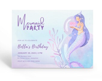 Mermaid Invitations, Printable Mermaid Birthday Party Invitation, Mermaid Invite, Pink and Purple Under The Sea Invite, Editable Template.