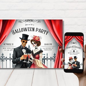 Viktorianische Halloween-Einladung, Erwachsene Halloween-Cocktailparty einladen, rote Vintage Halloween-Einladung, gotische Halloween-bearbeitbare Vorlage.