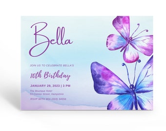 Printable Butterfly Birthday Party Invitation, Purple Butterfly Invite, Girls Birthday Invitation, Watercolor Butterfly Invitations.