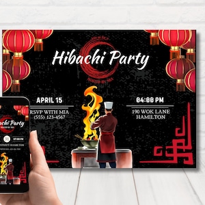 Elegant Hibachi Party Invitation, Hibachi Birthday Dinner Invite, Oriental Style Party Invitation, Japanese Invite, Editable Template