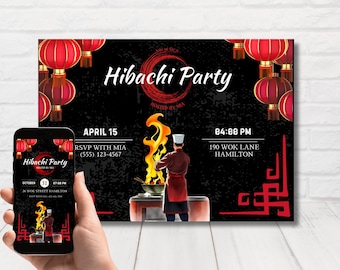 Invito elegante per festa Hibachi, invito per cena di compleanno Hibachi, invito per festa in stile orientale, invito giapponese, modello modificabile
