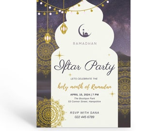 Könnte beinhalten: Eine Einladung zu einer Iftar-Party zur Feier des heiligen Monats Ramadan. Die Einladung zeigt einen Halbmond, eine Moschee und einen Stern vor einem dunkelblauen Hintergrund mit weißen Sternen. Der Text lautet "Iftar Party" und "Lets Celebrate the Holy Month of Ramadan". Datum und Uhrzeit der Party sind mit "April 15, 2024 | 7 PM" angegeben. Der Ort ist mit "The Boutique Park, 53 Connor Street, Hampshire" angegeben. Die RSVP-Informationen lauten "RSVP with Sana, 022 445 6789".