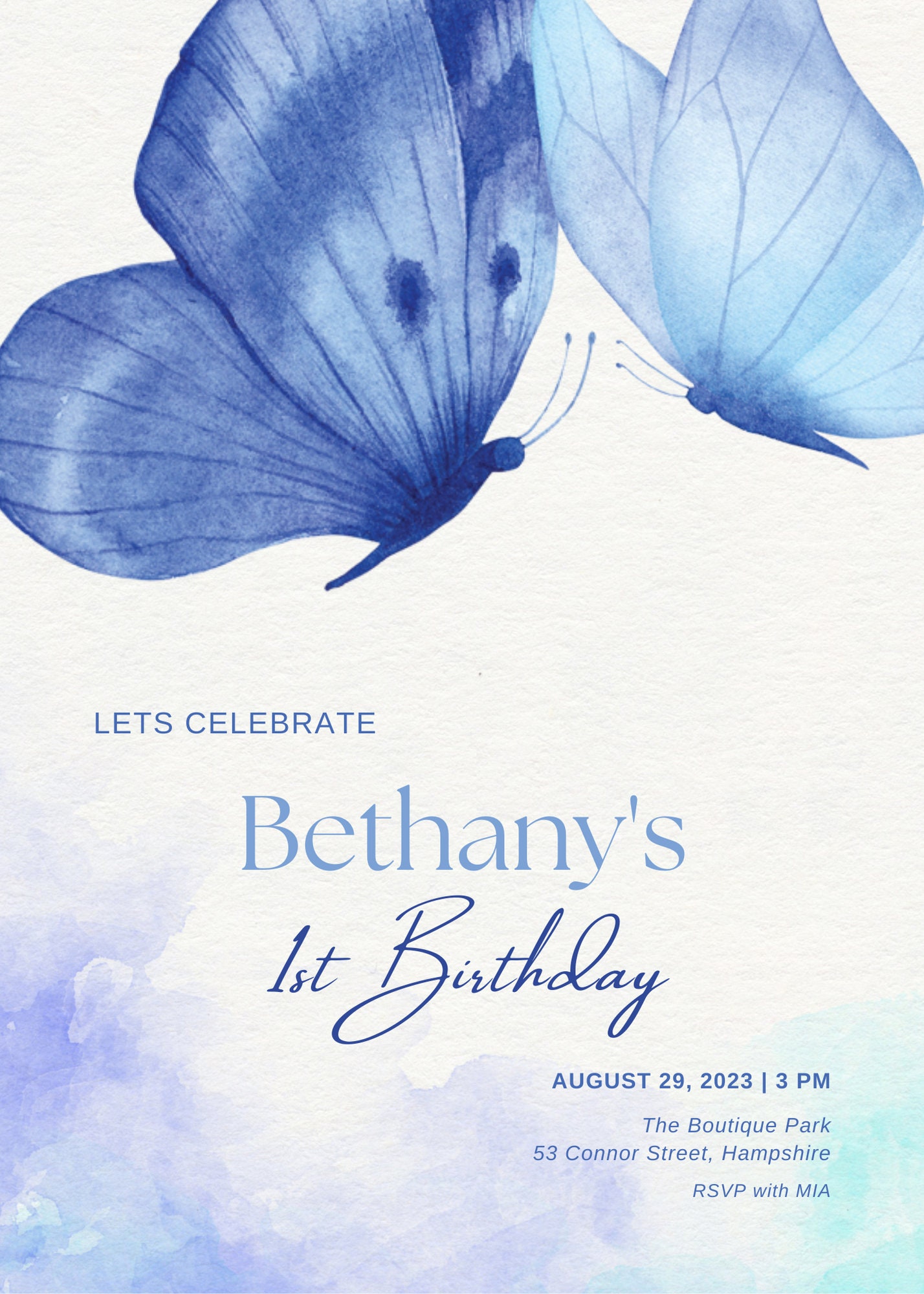 Blue Butterfly Birthday Party Invitation, Printable Butterfly Invite, 1st Birthday Party Invitation, Watercolor Butterfly Invitations. - Etsy free-printable-party-invitations-free-butterfly-moon-invitation-design