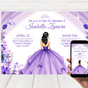 Purple Quinceañera Invitation, Lilac Quinceañera Invite, Princess Quince Invitation, Editable Template.