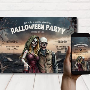 Zombie-Halloween-Einladungen, druckbare Zombie-Apokalypse einladen, untote Halloween-Einladung, Zombie-Party einladen, bearbeitbare Vorlage.