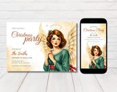 Angelic Christmas Invites, Gold Christmas Angel Invite, Retro Christmas Angel Invitations, Holy Christmas Party Invite, Editable Template.