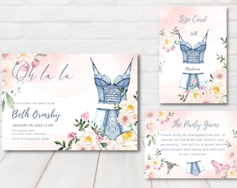 Printable Lingerie Shower Invitation Set, Bachelorette Lingerie Party Invitation, Floral Lingerie Shower, Editable Lingerie Party Invite.