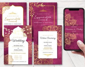 Magenta Indian Wedding Invitation Sets, Hindu Wedding Invites, Elegant Wedding Invite, Editable Desi Wedding Invitation Templates.