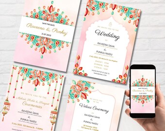 Set di inviti per matrimonio indiano color menta e corallo, invito per matrimonio color corallo con gioielli scintillanti, modello modificabile