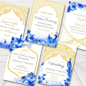 Conjuntos de convites de casamento indianos azuis e dourados, convite de casamento hindu, convite de casamento pavão, convites de casamento indianos, modelo editável