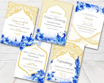 Set di inviti per matrimonio indiano blu e oro, inviti per matrimonio indù, inviti per matrimonio pavone, inviti per matrimonio indiano, modello modificabile