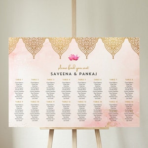 Indischer Hochzeits-Sitzplan, Sitzplanpaket für Hindu-Hochzeit, Finden Sie Ihre Sitzplatzschild-Vorlage, Pink Lotus, 400 Gäste, bearbeitbare Vorlage