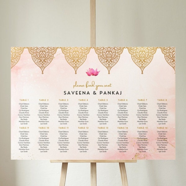 Indian Wedding Seating Chart, Hindu Wedding Seating Chart Bundle, Find Your Seat Sign Template, Pink Lotus, 400 guests, Editable Template