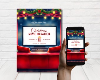 クリスマス映画ナイト招待状、カスタマイズ可能なホリデー映画ナイト招待状、クリスマス映画ナイト招待状、編集可能なテンプレート。