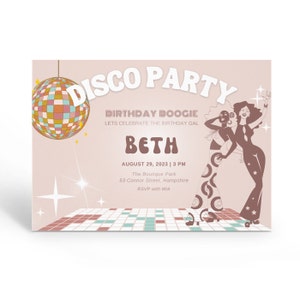 Disco-uitnodiging 70&#39;s, uitnodiging voor verjaardagsfeestje van de jaren 1970, afdrukbare retro-feestuitnodiging, uitnodiging voor discofeest voor volwassenen, bewerkbare sjabloon.