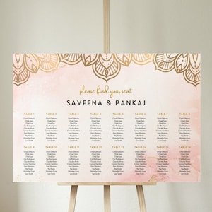 Sitzplan für die indische Hochzeit, Sitzplan für die Hindu-Hochzeit, Sitzplan für Sitzplatzsuche, Pink und Gold, bis zu 380 Gäste.