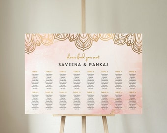 Planimetria per matrimoni indiani, pacchetto planimetria per matrimoni indù, modello di cartello Trova il tuo posto, rosa e oro, fino a 380 ospiti.