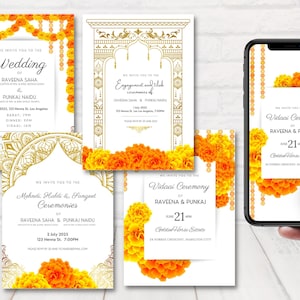 Goudsbloem Indiase huwelijksuitnodiging set, hindoe-huwelijksuitnodigingen, goud en oranje Indiase bruiloft uitnodiging, Indiase huwelijksuitnodiging goudsbloem.