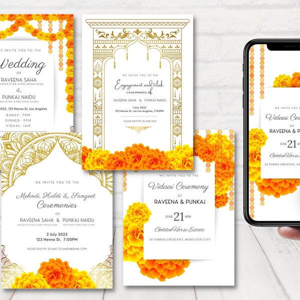 Marigold Indian Wedding Invitation Set, Hindu Wedding Invites, Gold & Orange Indian Wedding Invite, Indian Wedding Invitation Marigold.