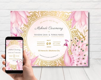 Soft Pink Mehndi Invitation, Henna Ceremony Invite, Henna Party, Peacock Mehndi Invite, Editable Template