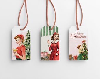 May include: Three vintage Christmas gift tags featuring illustrations of women in red dresses. The first tag shows a woman holding a cocktail, the second tag shows a woman holding a gift, and the third tag shows a woman decorating a Christmas tree. The text "Merry Christmas" is printed on the third tag.